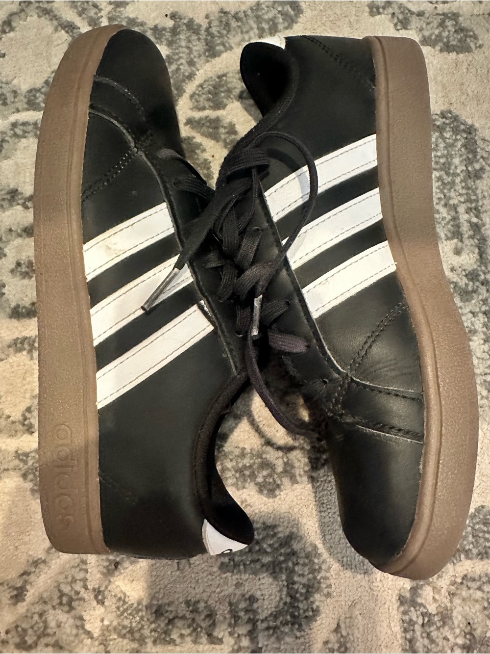 adidas Black Leather Sneakers with White Stripes and Brown Gum Sole